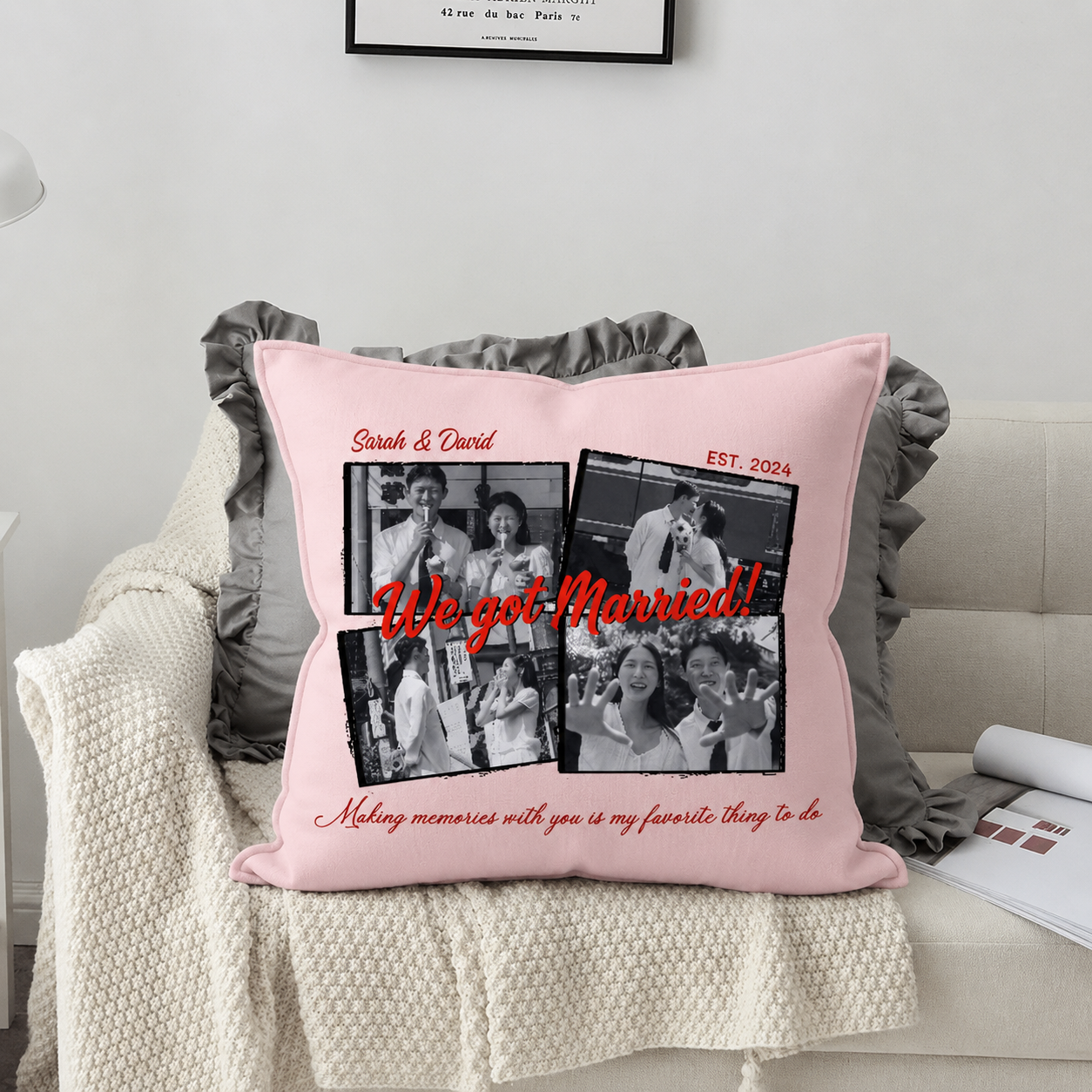 Wrapped in Our Memories – Personalized Wedding Photo Pillow with Custom Names & Date