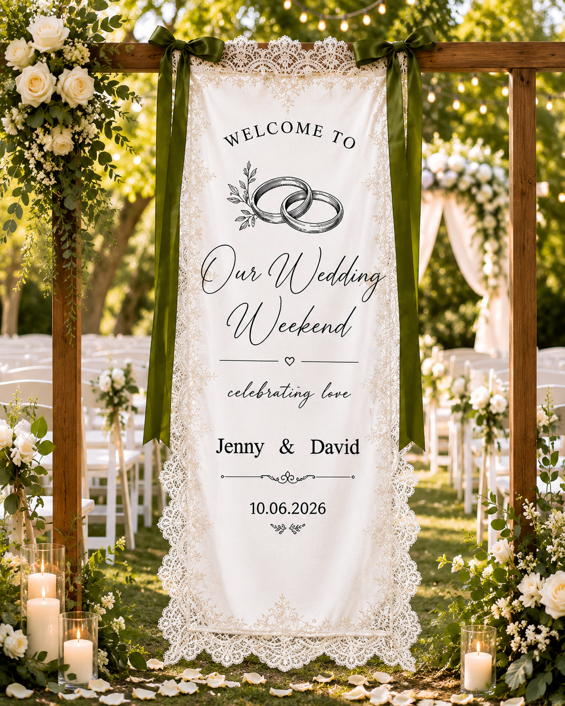 Custom Wedding Welcome Decor – Personalized Hanging Banner with Wedding Date