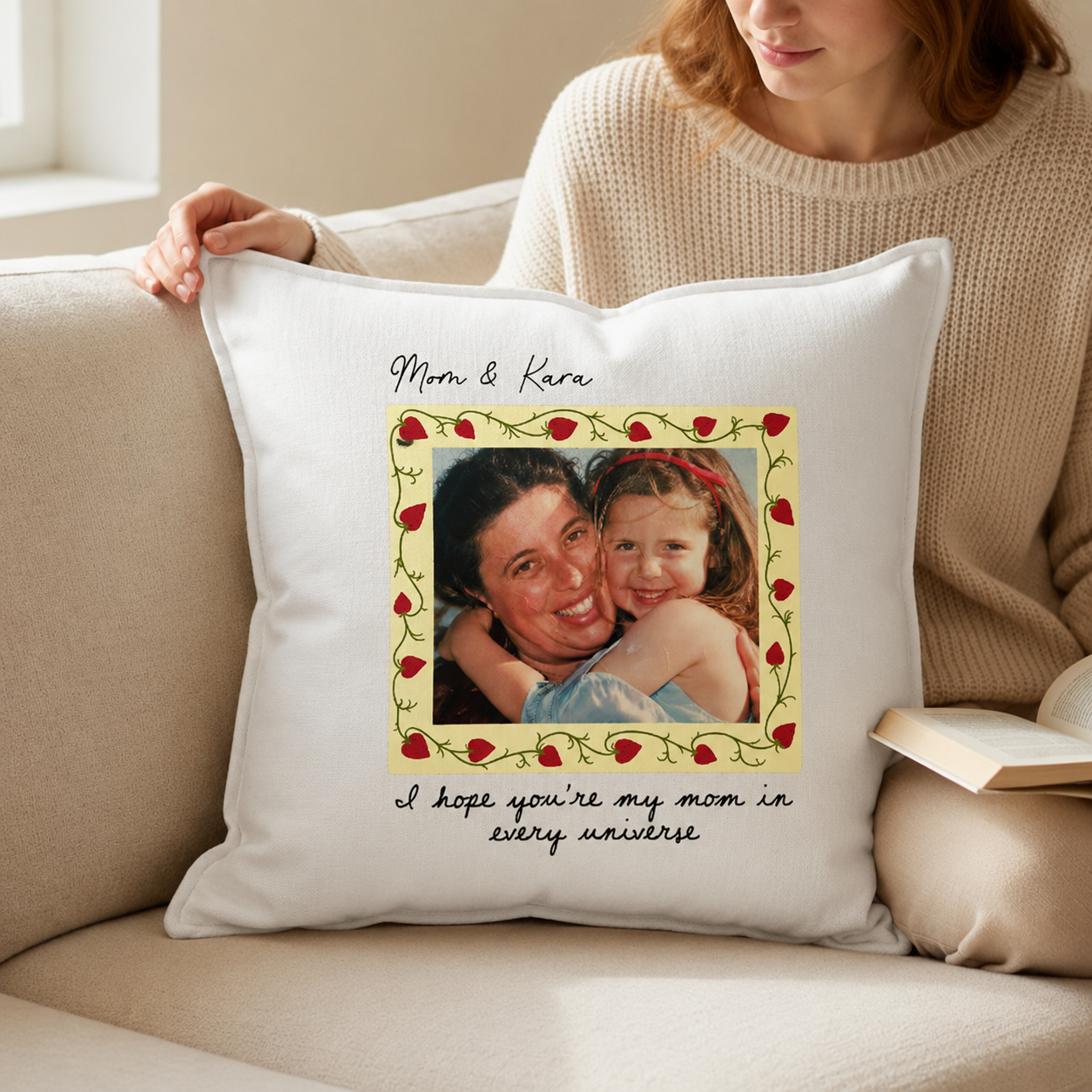 A Hug She Can Keep Forever – Personalized Photo Pillow for Mom with Custom Picture & Names, Mother's Birthday Gift, Personalized Throw Pillow, Multi-Color Cushion Cover