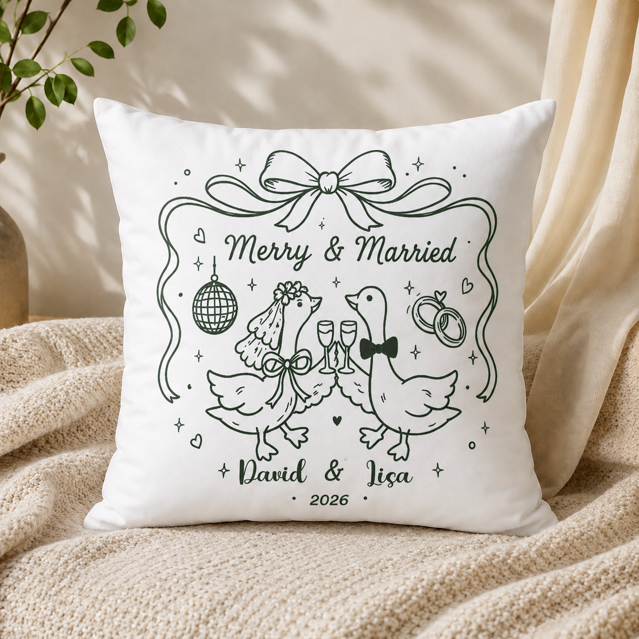 Personalized Goose Wedding Pillow – Romantic Couple Cushion for Home Decor