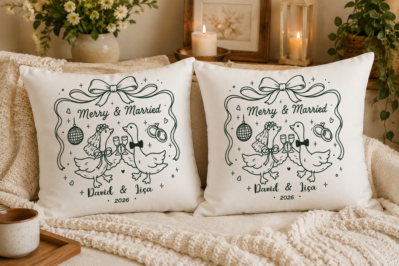 Personalized Goose Wedding Pillow – Romantic Couple Cushion for Home Decor