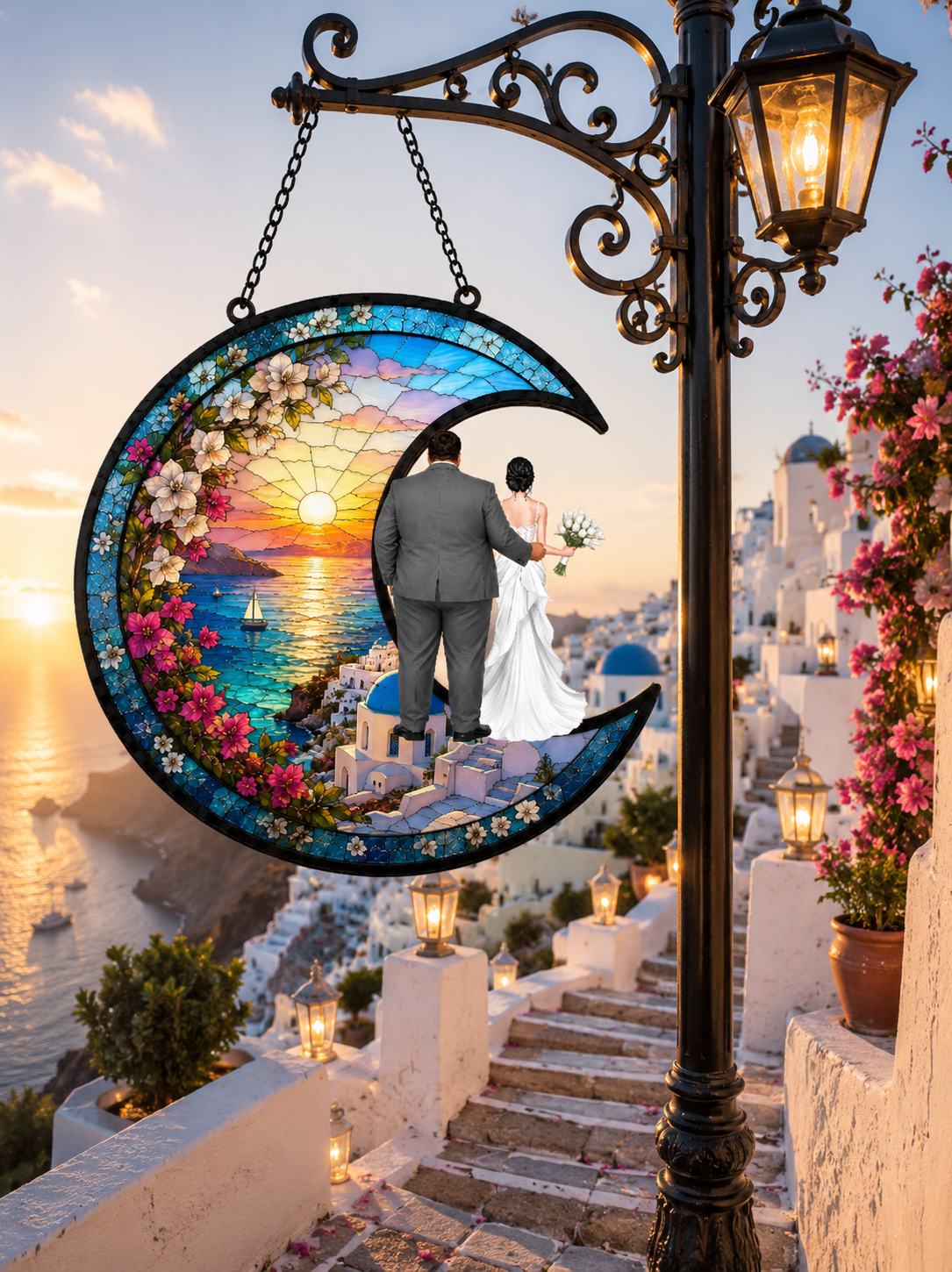 Custom Couple Stained Glass Moon Suncatcher - Wedding Gift