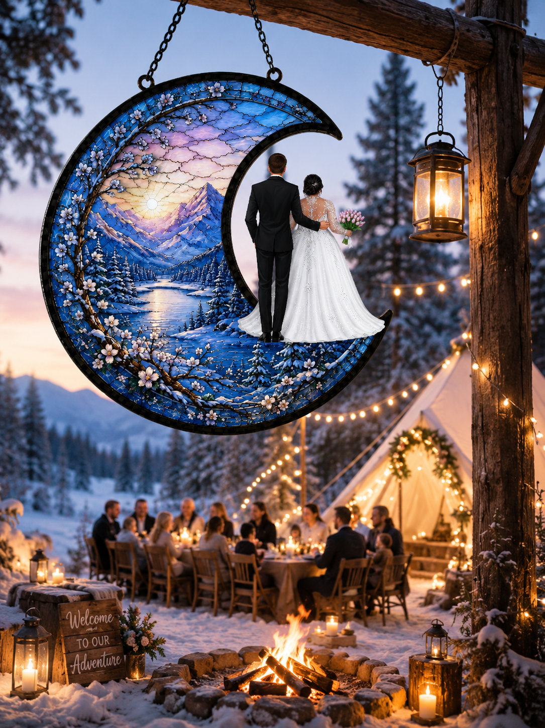 Custom Couple Stained Glass Moon Suncatcher - Wedding Gift