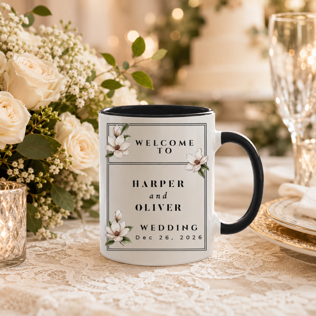 Custom Magnolia Floral Wedding Ceramic Mug Gift