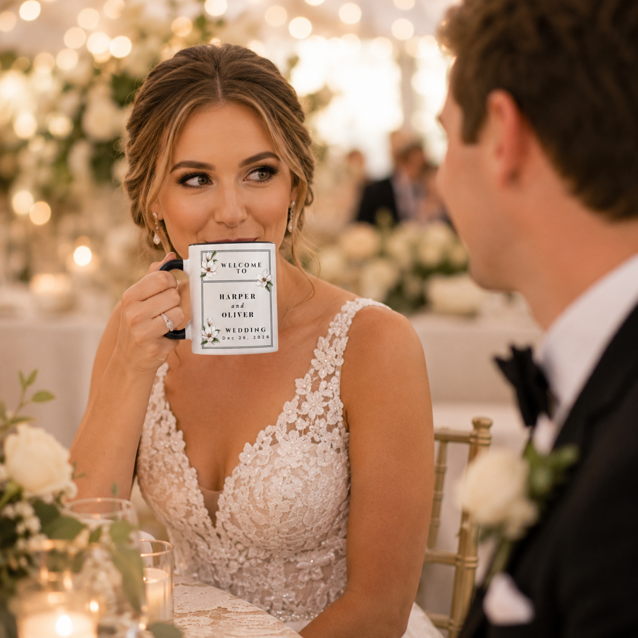Custom Magnolia Floral Wedding Ceramic Mug Gift