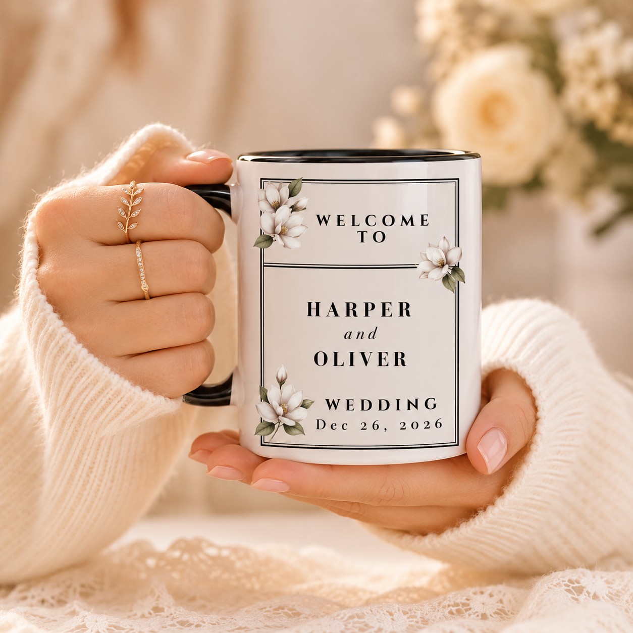 Custom Magnolia Floral Wedding Ceramic Mug Gift