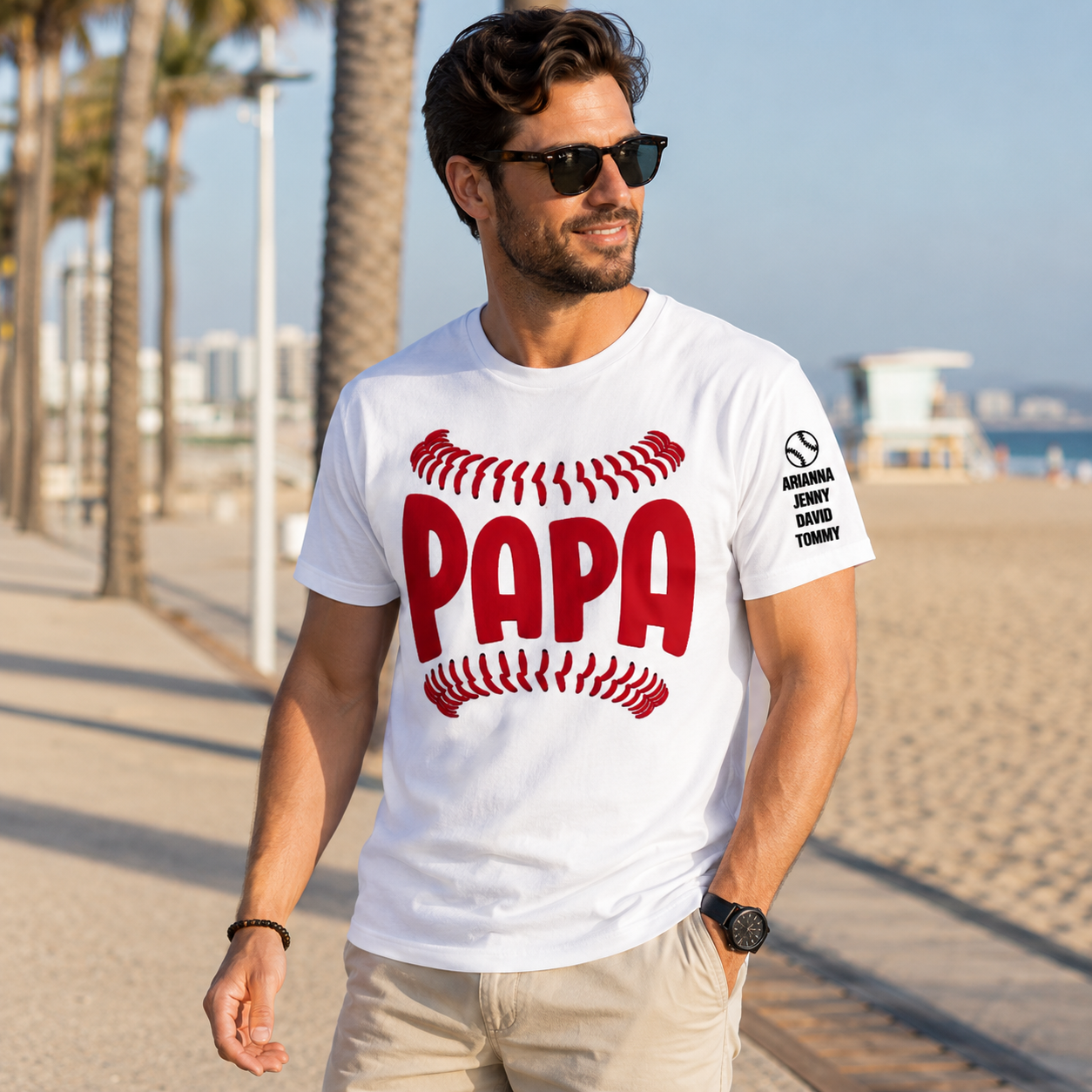 Personalized Baseball Dad Shirt – Custom Sleeve Names Father's Day Tee