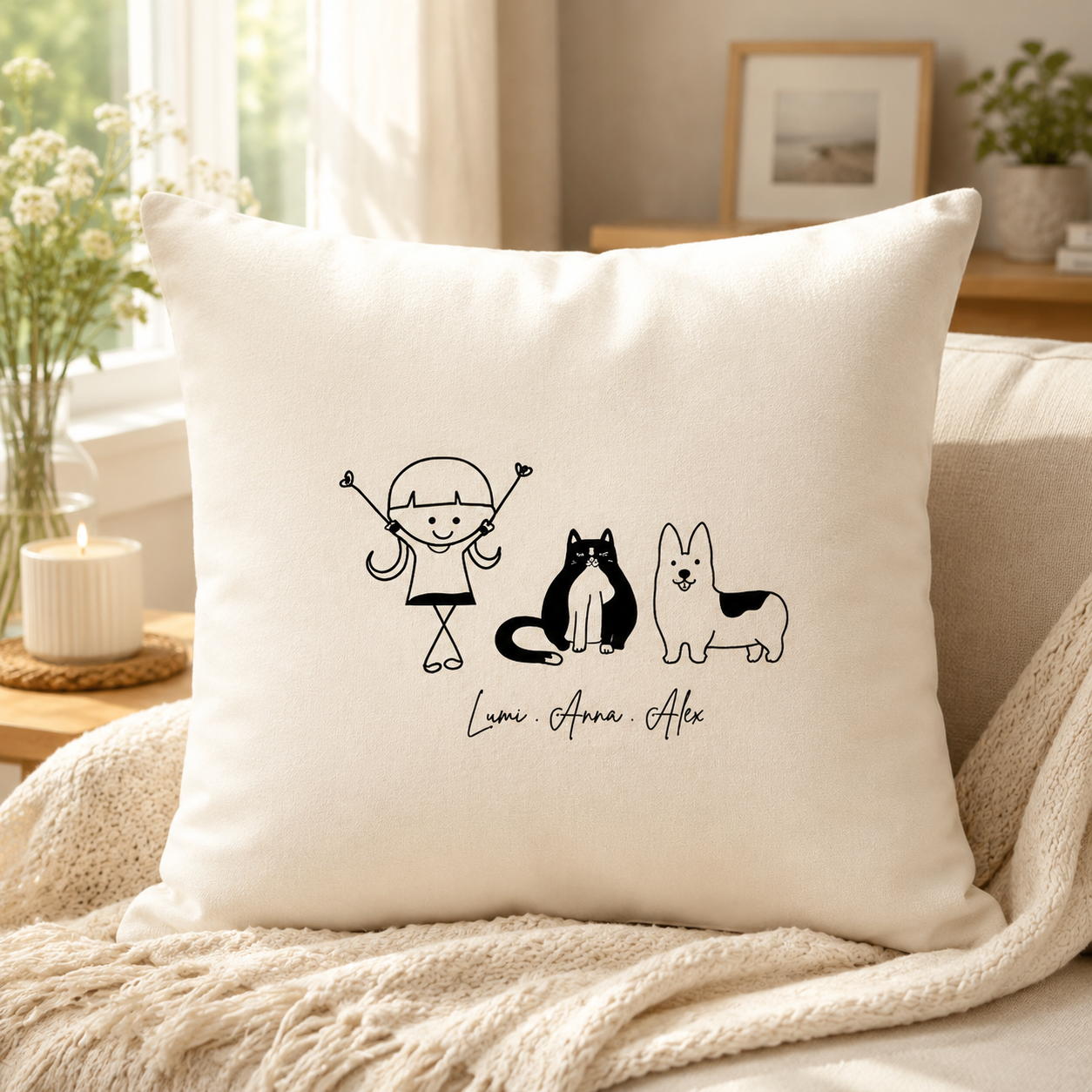Personalized Family Doodle Pet Illustration Pillow