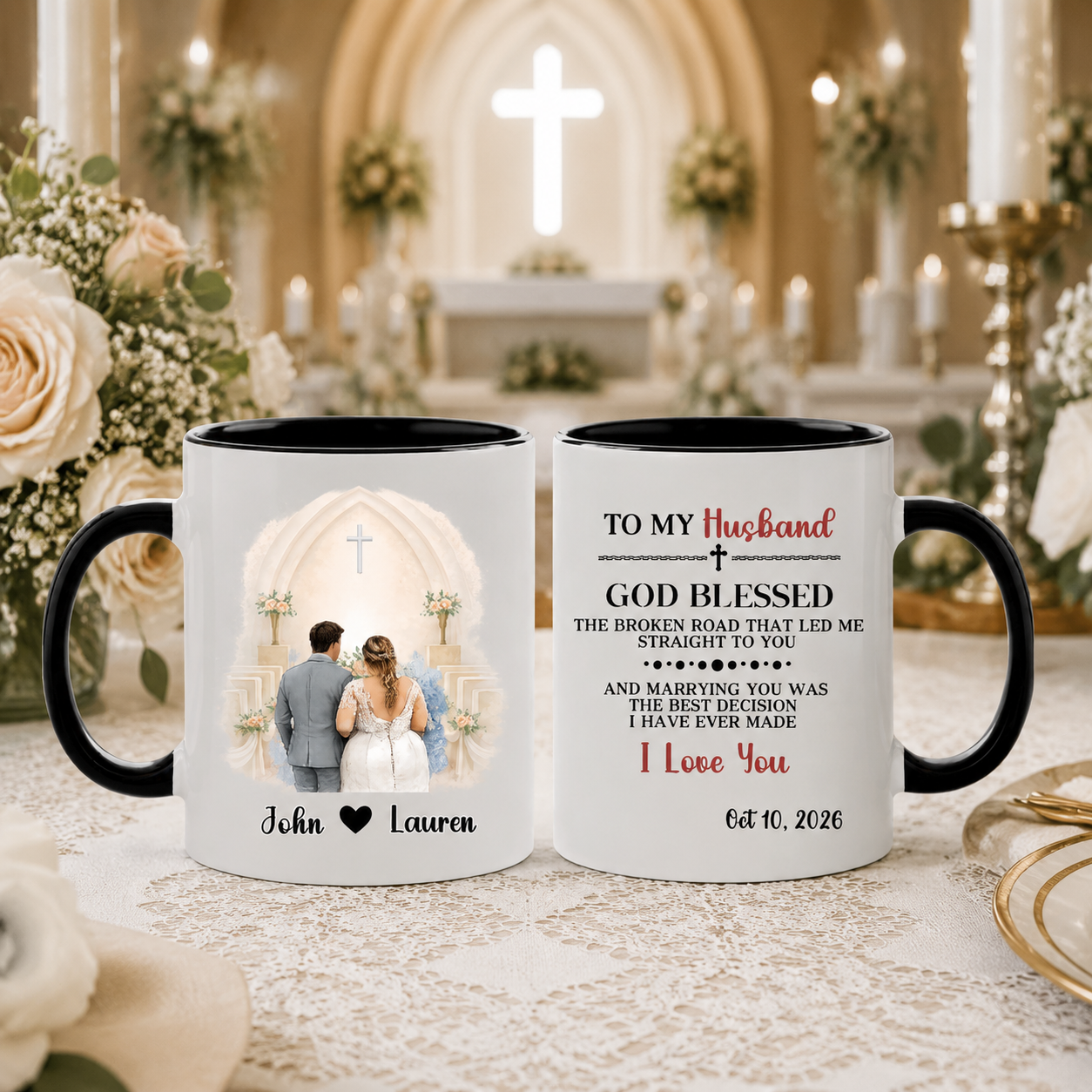 Custom Church Wedding Mug For Husband - God Blessed Broken Road Gift