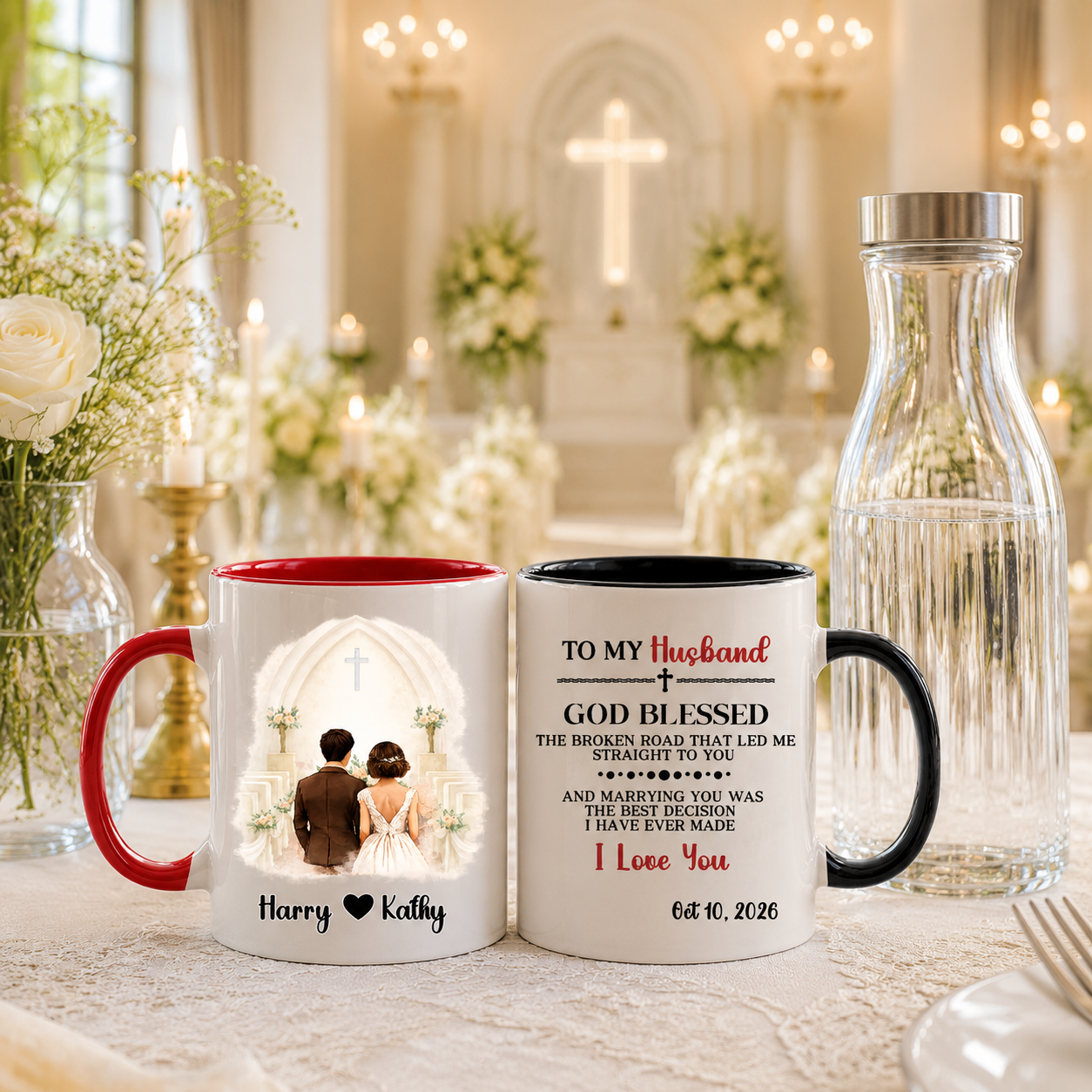 Custom Church Wedding Mug For Husband - God Blessed Broken Road Gift