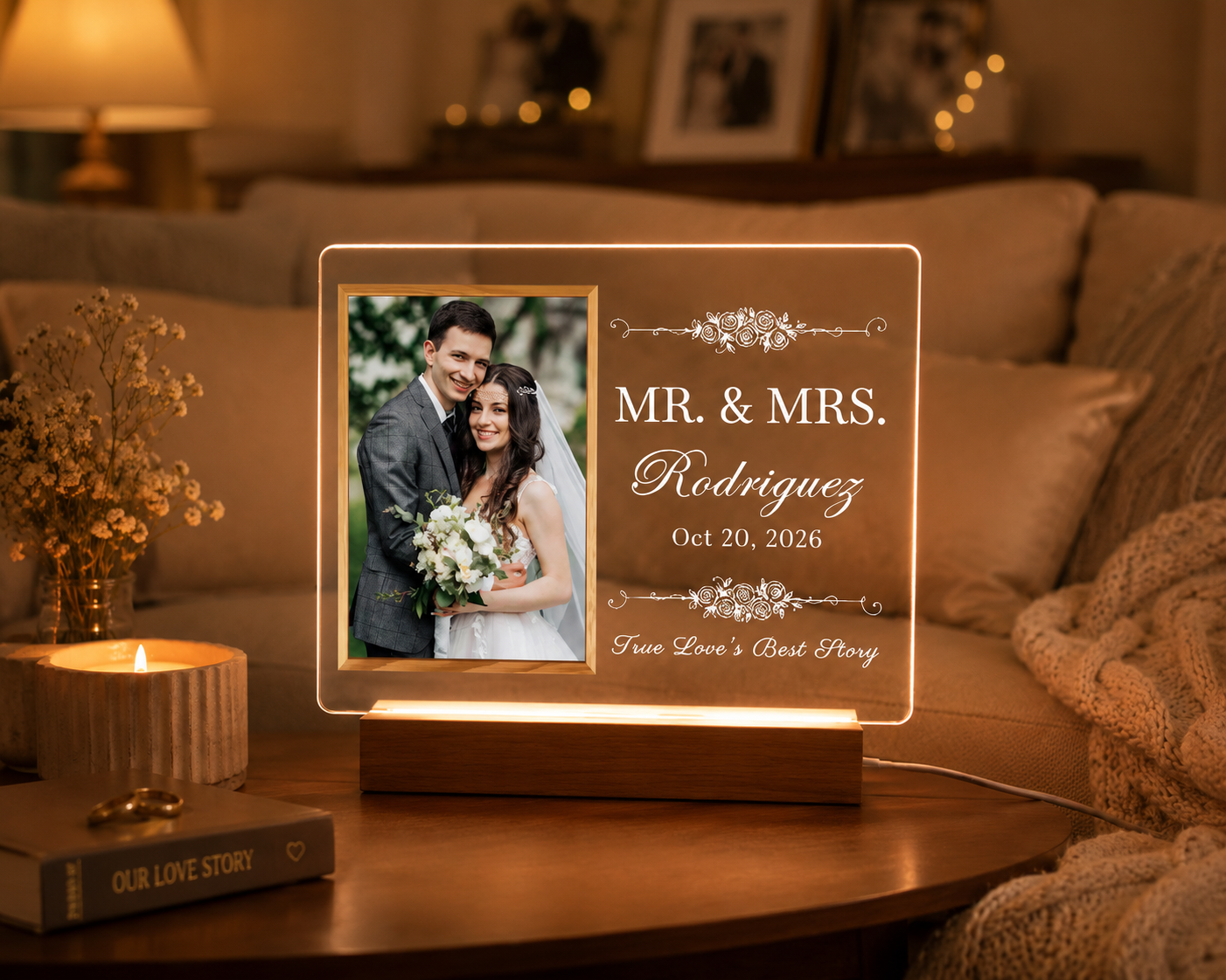 Custom Acrylic Wedding Photo Night Light - Personalized Mr & Mrs Gift