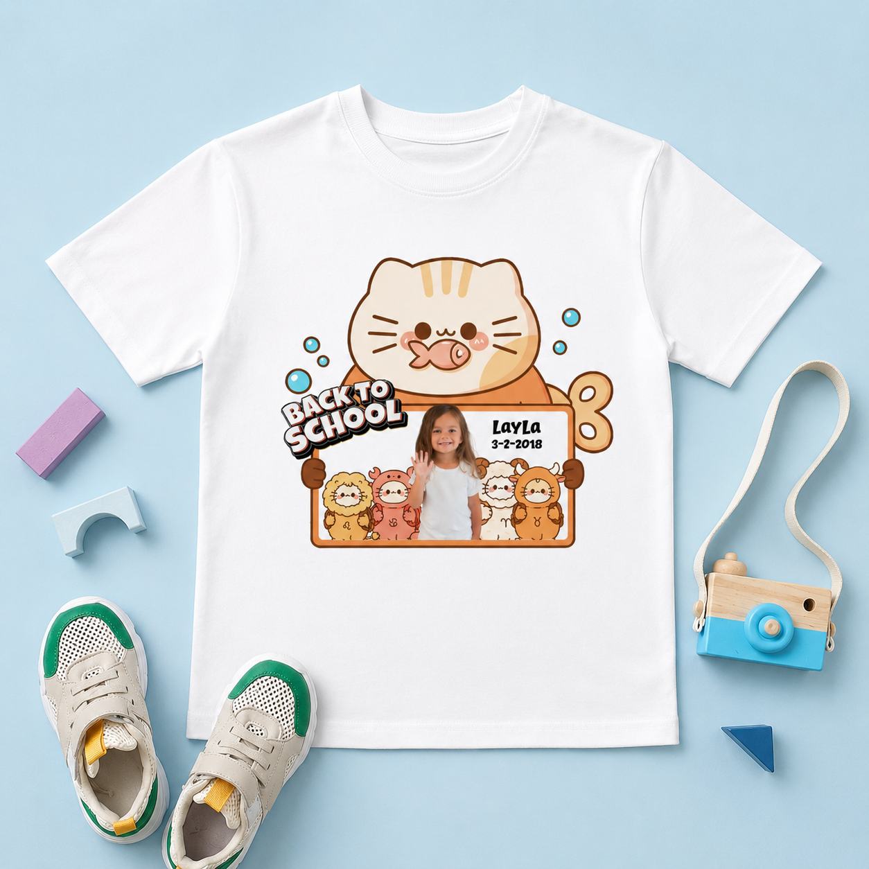 Personalized Zodiac Cat Back to School Kids T-Shirt with Photo & Name | Custom 12 Zodiac Signs School Shirt