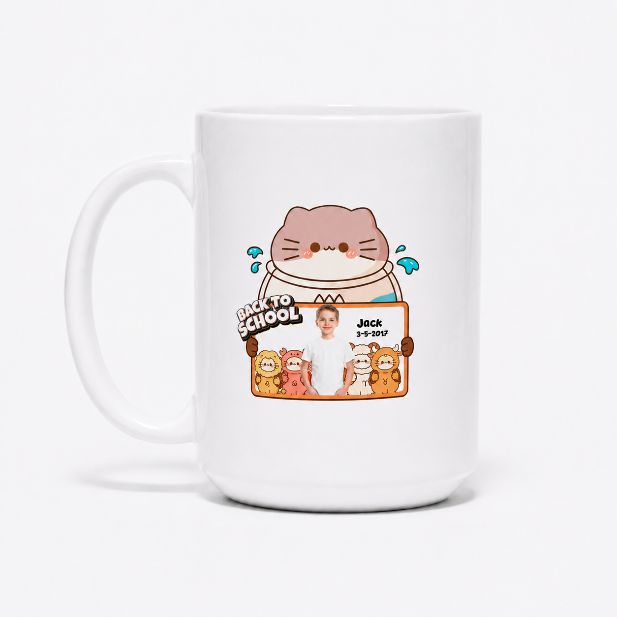 Personalized Back to School Cat Ceramic Mug with Photo & Name | Custom Kids Coffee Mug | 11oz & 15oz