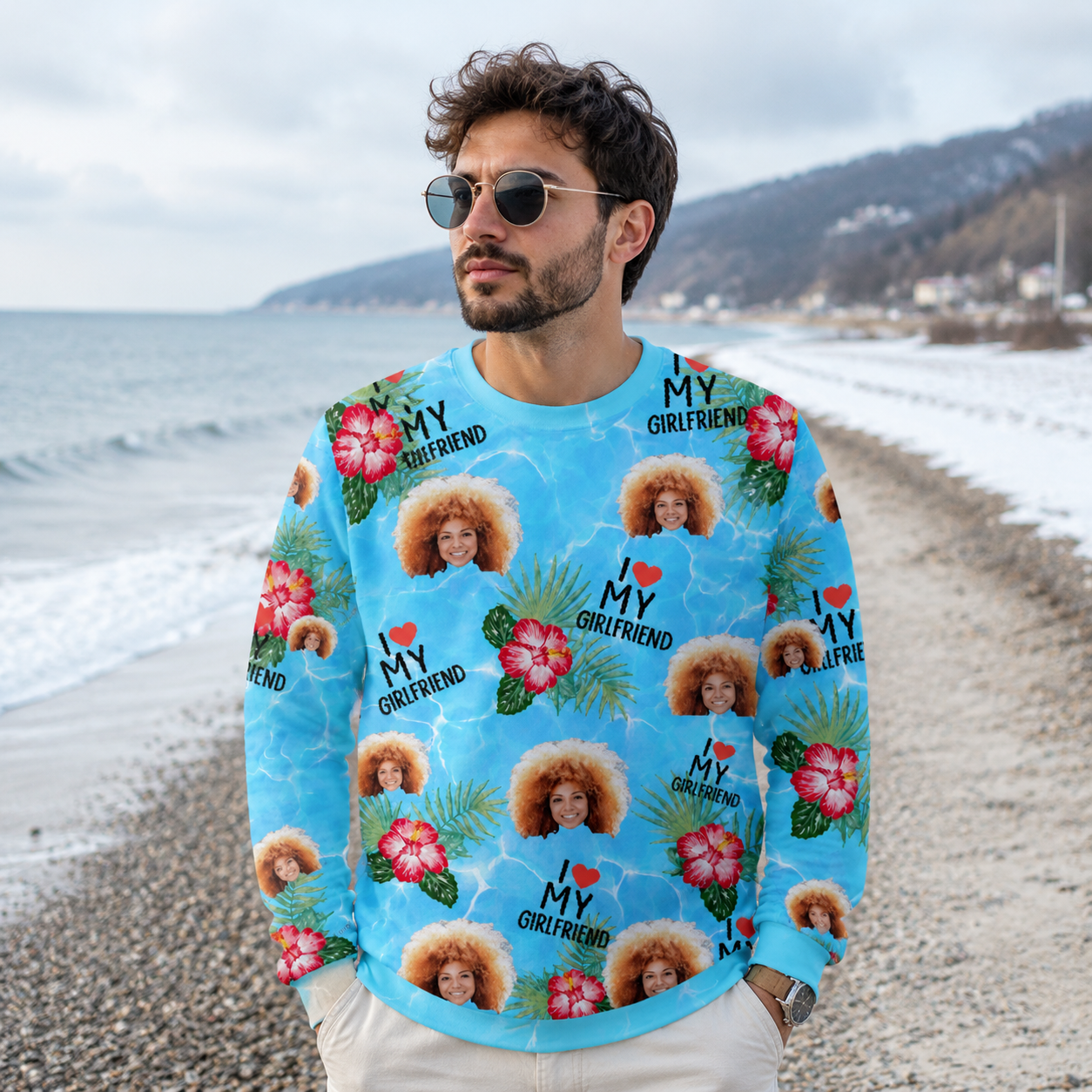 Custom Face Sweatshirt I Love My Wife Personalized Photo Blue Tropical Pullover