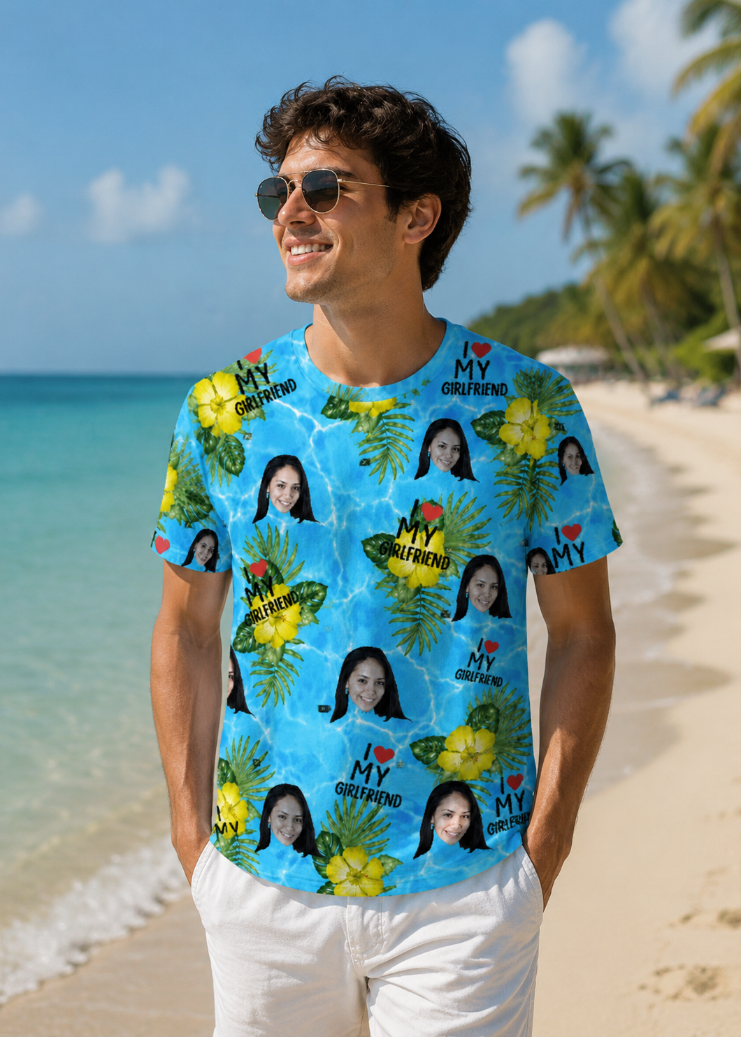 Custom Face T-Shirt I Love My Wife Personalized Photo Tropical Beach Tee