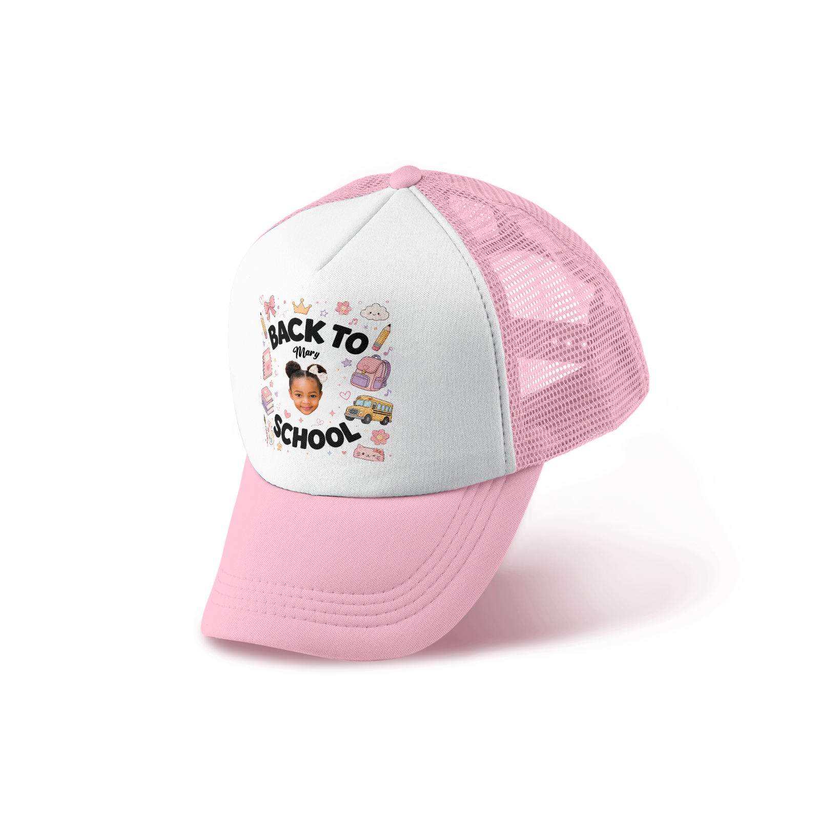 Personalized Back to School Kids Trucker Cap – Custom Photo & Name Mesh Hat for Boys and Girls, First Day of School Gift