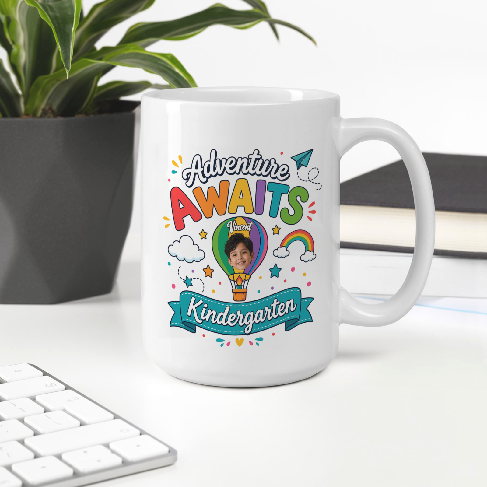 Personalized Adventure Awaits Kindergarten Mug – Custom Photo & Name Back to School Gift for Kids