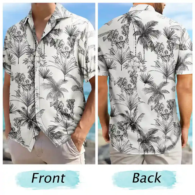 Custom Dog Photo Hawaiian Shirt, Personalized Pet Toile De Jouy Beach Shirt, Custom Pencil Drawing Family Pet Shirt, Custom Men Hawaiian Shirt
