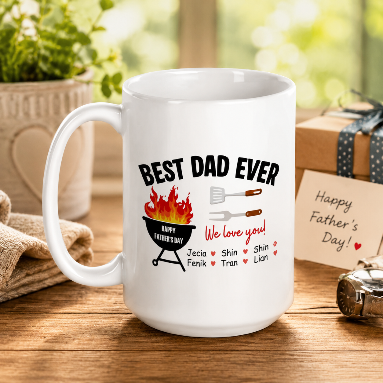 Best Dad Ever Personalized Father's Day Mug – Custom Kids Names BBQ Coffee Mug – Gift for Dad from Children – Ceramic Father's Day Cup