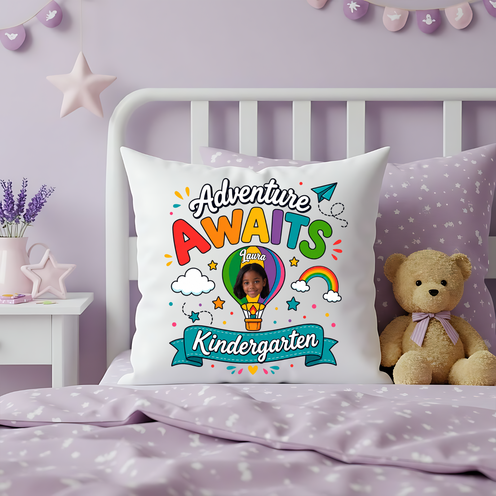 Personalized Adventure Awaits Kindergarten Photo Pillow – Custom Back to School Cushion Gift for Kids