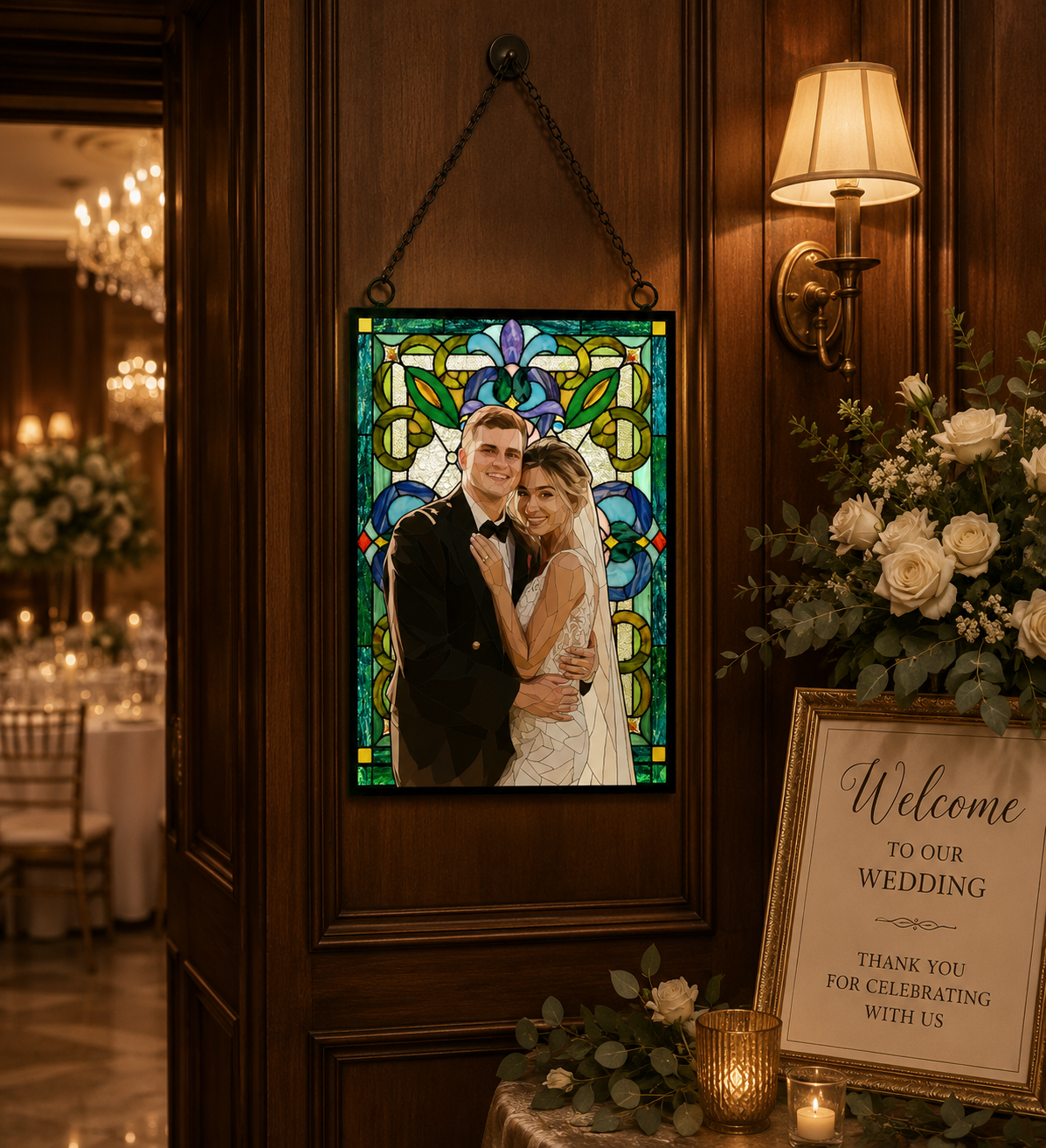 Personalized Stained Glass Suncatcher Love Birds Two Parrots Window Hanging, Custom Tiffany Victoria Chloe Izzy Zinnia First Wedding Anniversary Gift for Couple