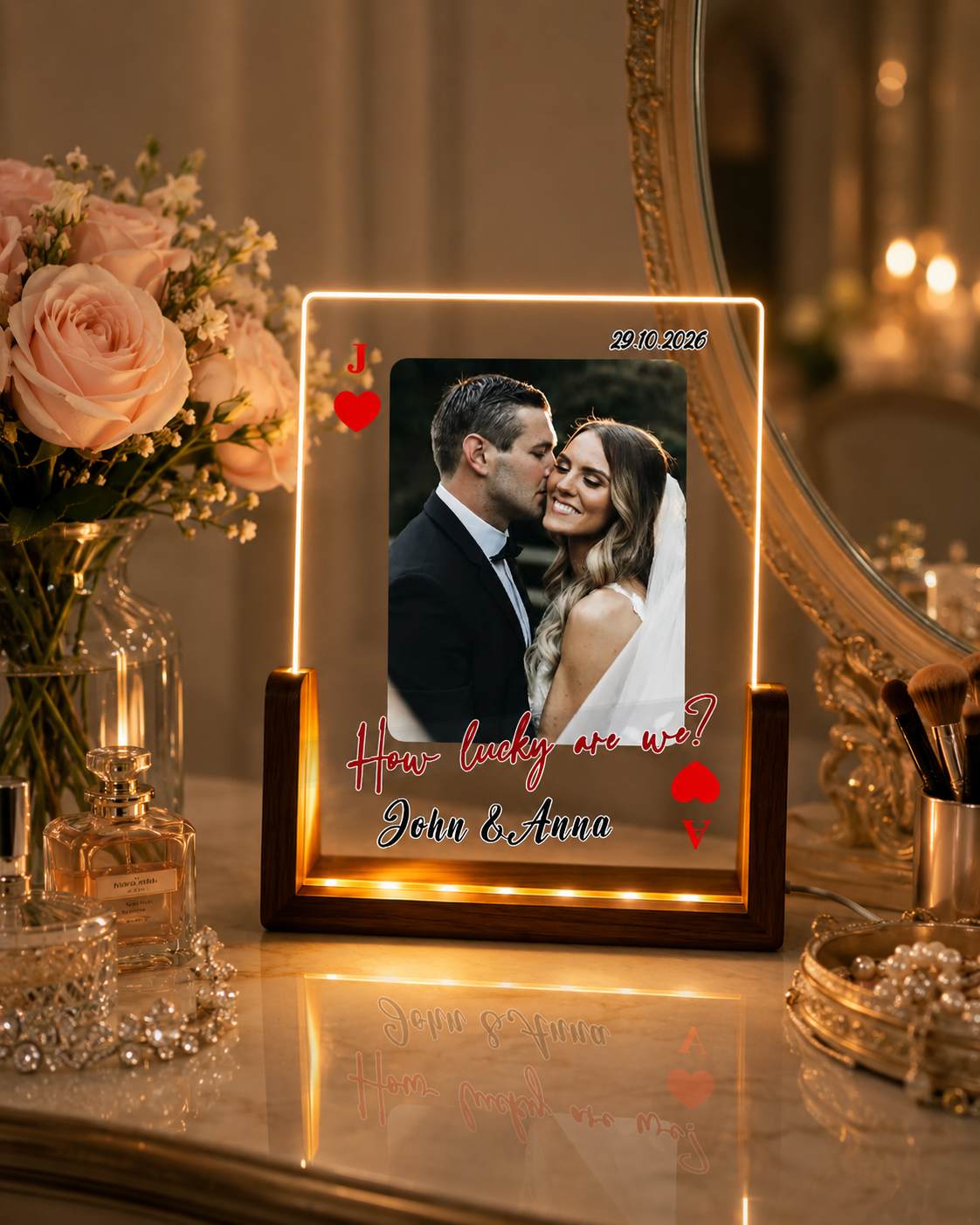 Personalized Playing Card Photo Night Light, "How Lucky Are We" Custom Wedding LED Lamp, Red Black Jack Ace Couples Anniversary Acrylic Plaque Gift