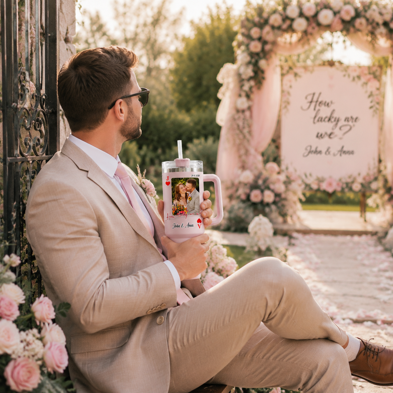 Personalized Playing Card Photo 40oz Tumbler, "How Lucky Are We" Custom Wedding Coffee Cup, Red and Black Jack Ace Couples Anniversary Gift for Mr and Mrs