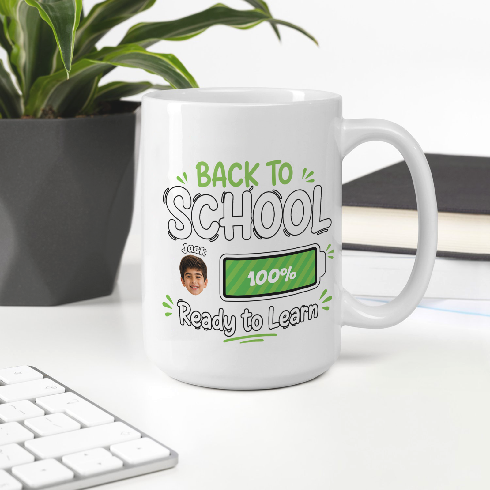 Personalized Back to School Battery Level Mug – Custom Photo & Name Coffee Mug, Ready to Learn Gift for Kids