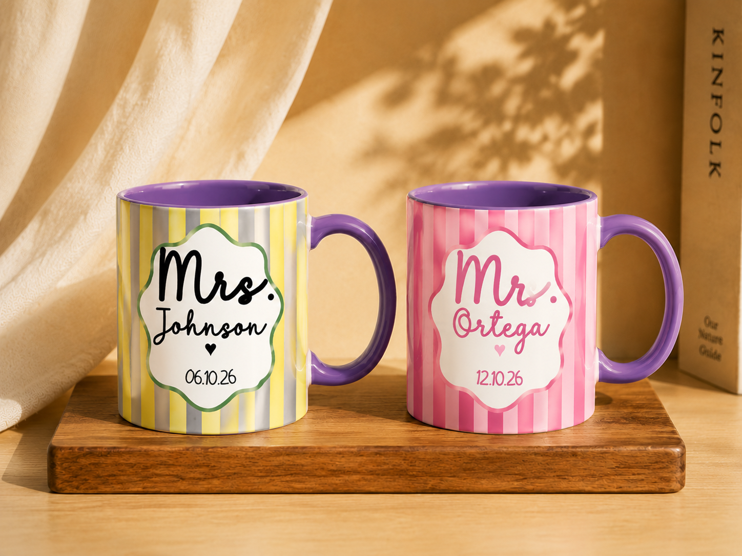 Personalized Mr Mrs Brown Striped Mug, Custom Wedding Coffee Cup with Retro Wavy Frame, Black Accent Newly Engaged Gift for Bride Groom