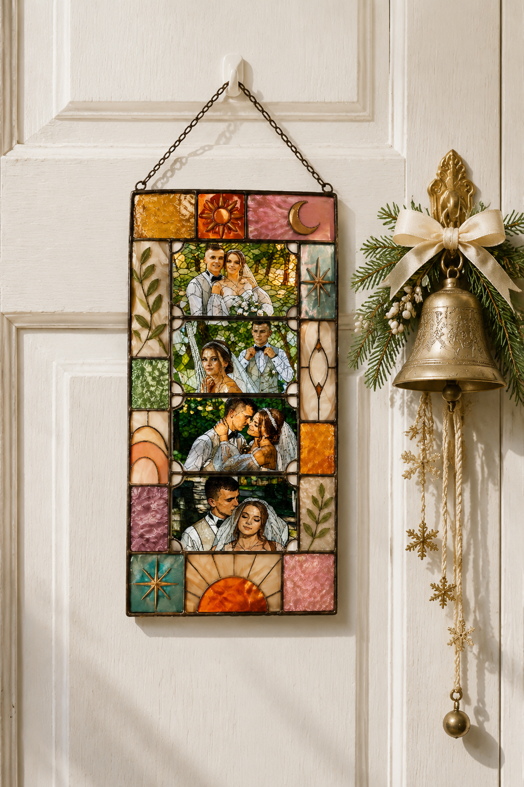 Personalized Celestial Stained Glass Photo Frame, Custom Sun Moon Star Photobooth Picture Strip Holder, Boho Hanging Suncatcher Couple Gift
