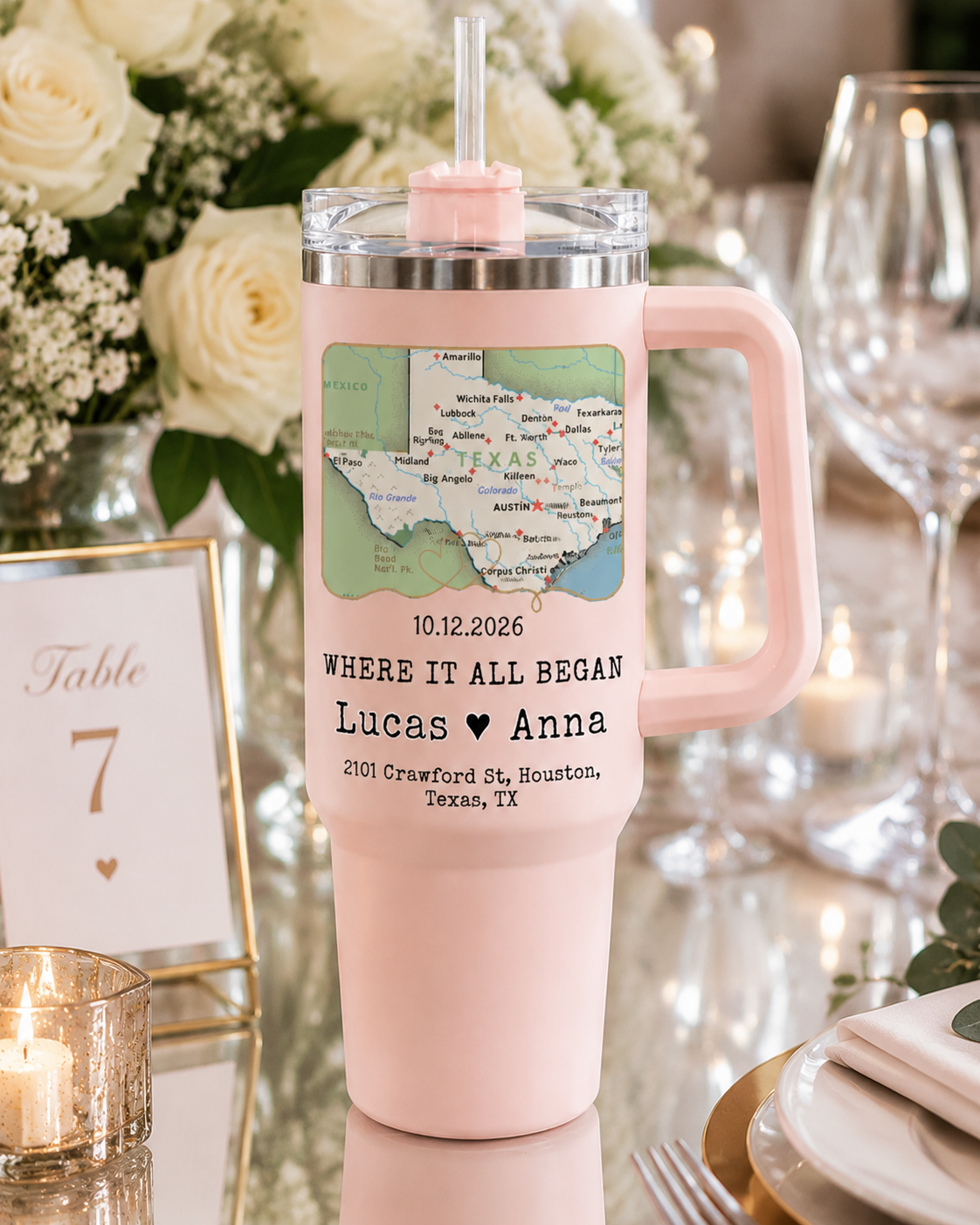Personalized Wedding Love Marriage Map Tumbler, Custom Insulated Travel Cup for Wedding Couple, Long Love Distance Anniversary Gift