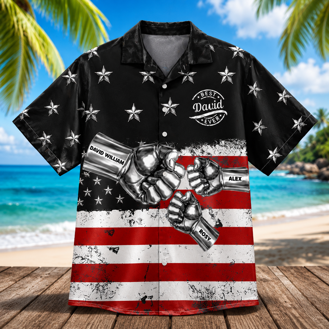 Patriotic Family Shirt, Bold Chrome Fist Artwork - Custom Name And Kids Hawaiian Shirt, Perfect for Summer or Father’s Day