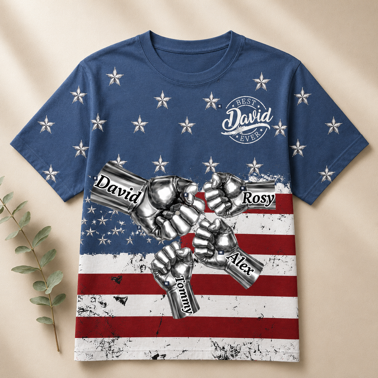 Bold Chrome Fist T-Shirt - Custom Dad & Kids Names