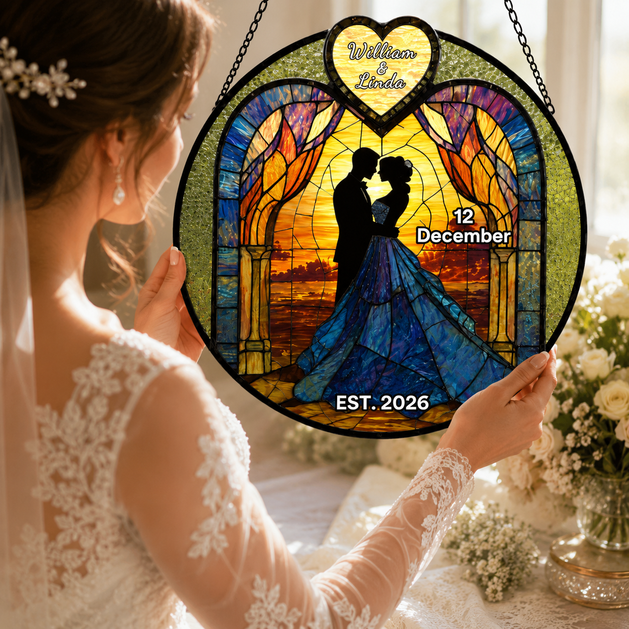 Custom Name Stained Glass Suncatcher Portrait for Wedding Couple, Personalized Window Hanging Decor, Romantic Wedding Love Marriage Celebration Gift