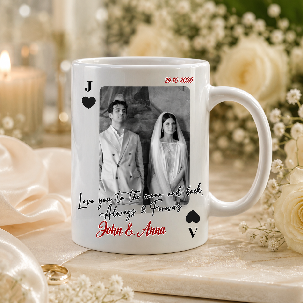 Custom Wedding Love Marriage Playing Card Coffee Mug, Personalized Picture Cup for Wedding Couple, Long Love Distance Anniversary Keepsake Gift