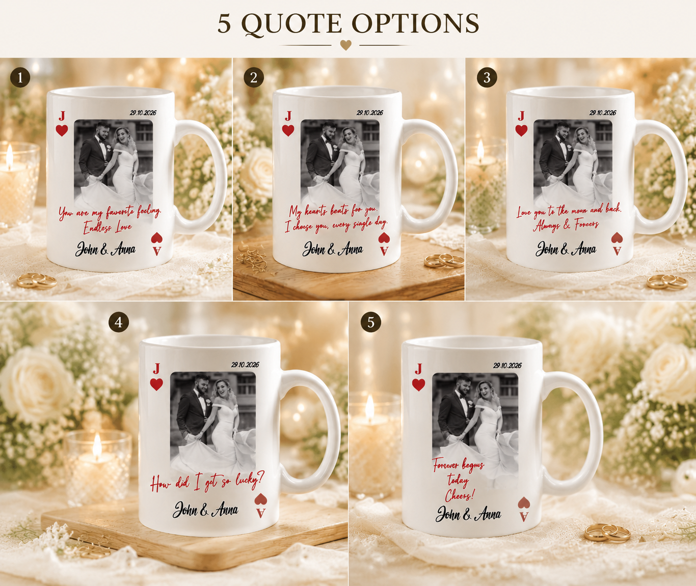 Custom Wedding Love Marriage Playing Card Coffee Mug, Personalized Picture Cup for Wedding Couple, Long Love Distance Anniversary Keepsake Gift