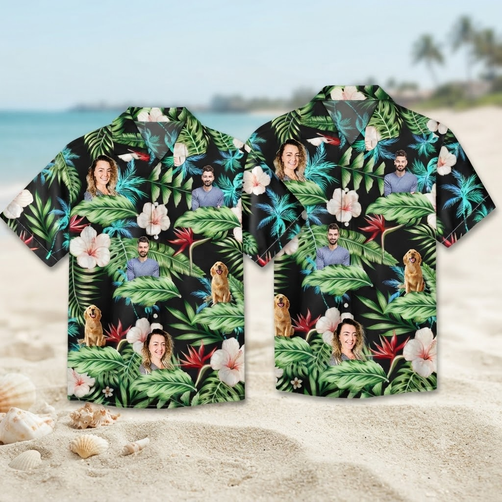 Custom Photo Hawaiian Shirt Personalized Human and Pet Faces Tropical Vacation Shirt
