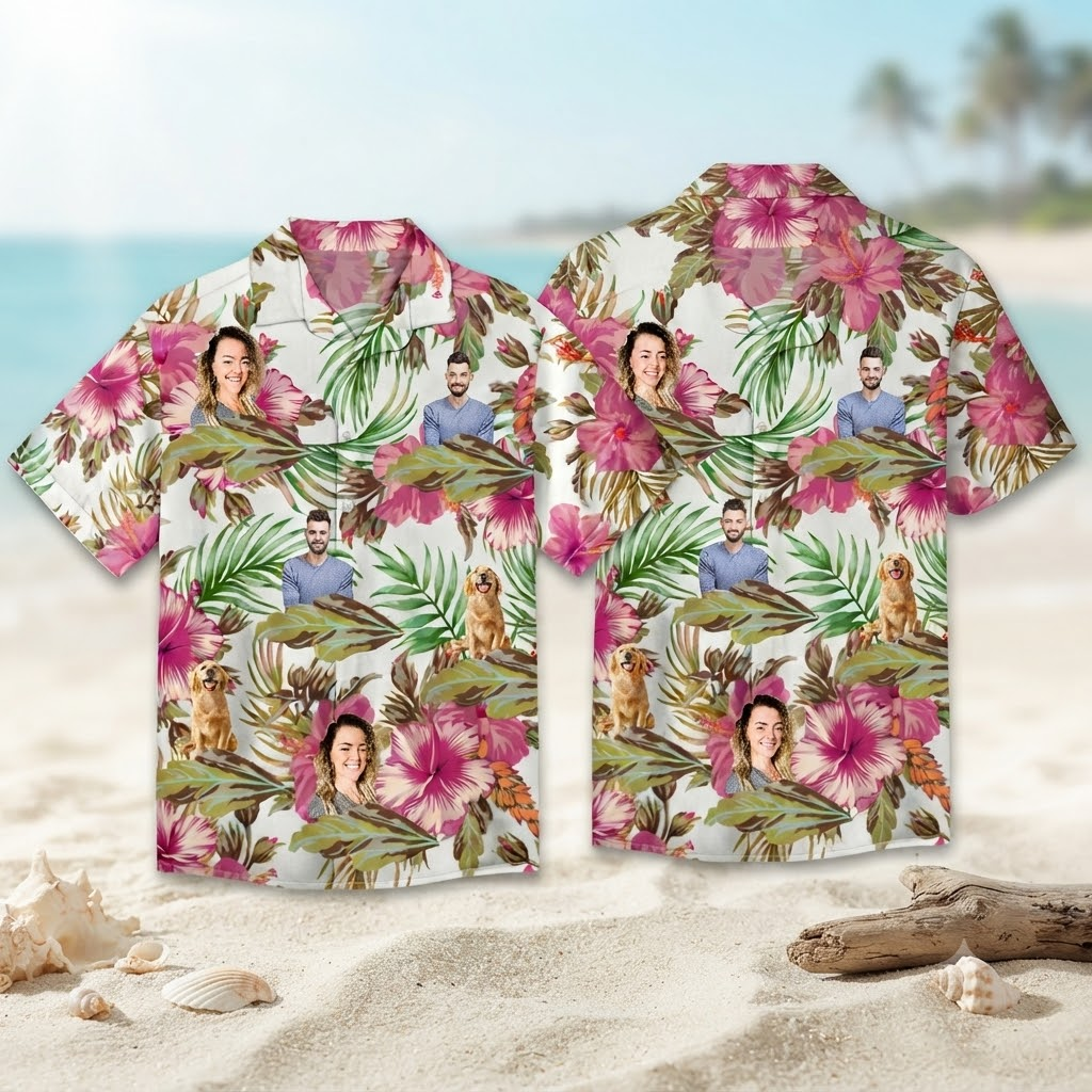 Custom Photo Hawaiian Shirt Personalized Human and Pet Faces Tropical Vacation Shirt