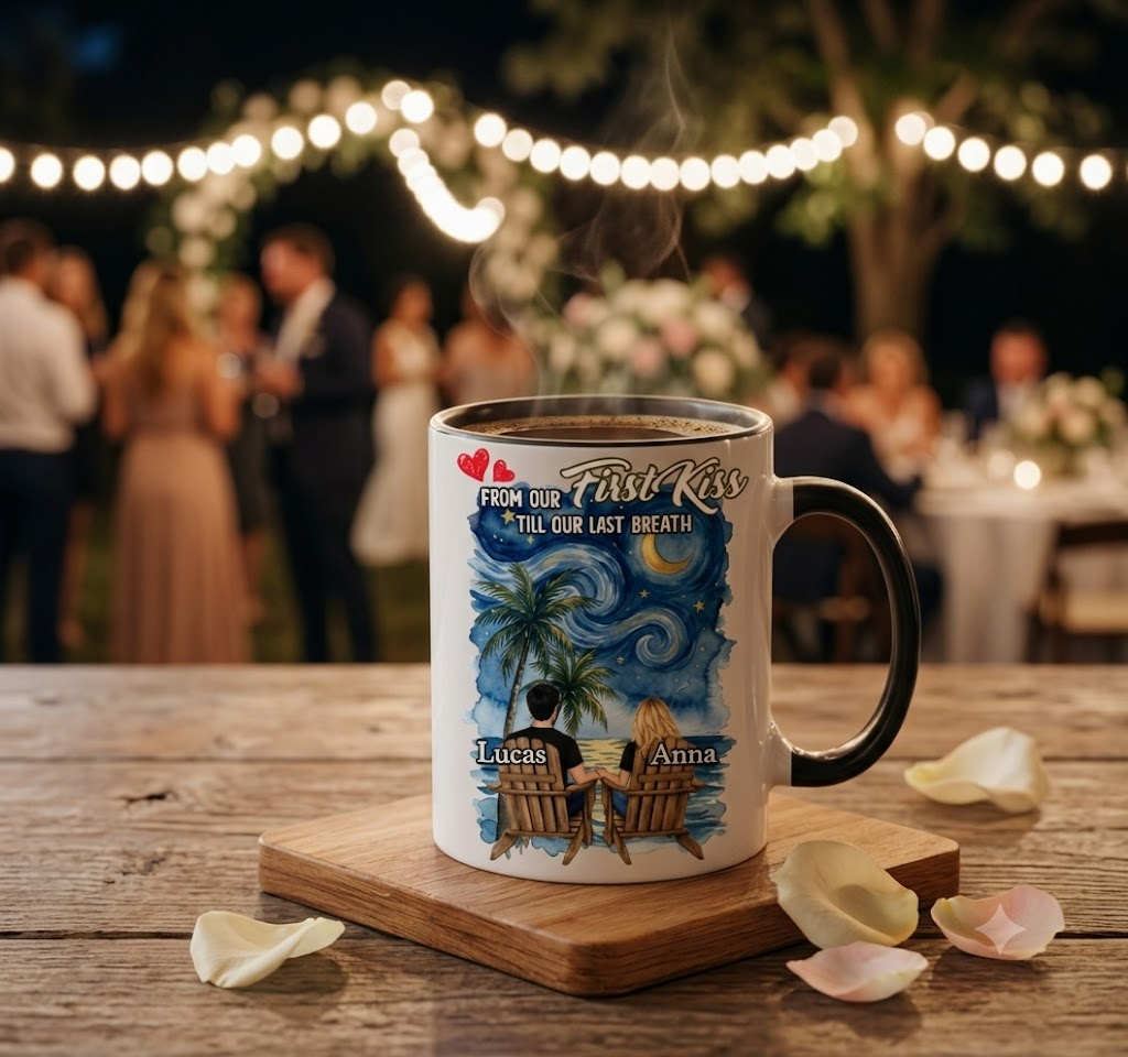 "Till Our Last Breath" Personalized Couple Mug - Custom Names Beach Sunset Coffee Cup, Wedding Love Anniversary Gift for Him Her