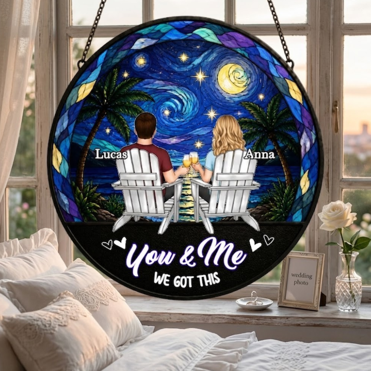 You And Me We Got This Couple - Personalized Stained Glass Window Hanging Suncatcher, First Kiss Wedding Couple Wood Acrylic Decor, Wedding Love Marriage Gift for Him Her