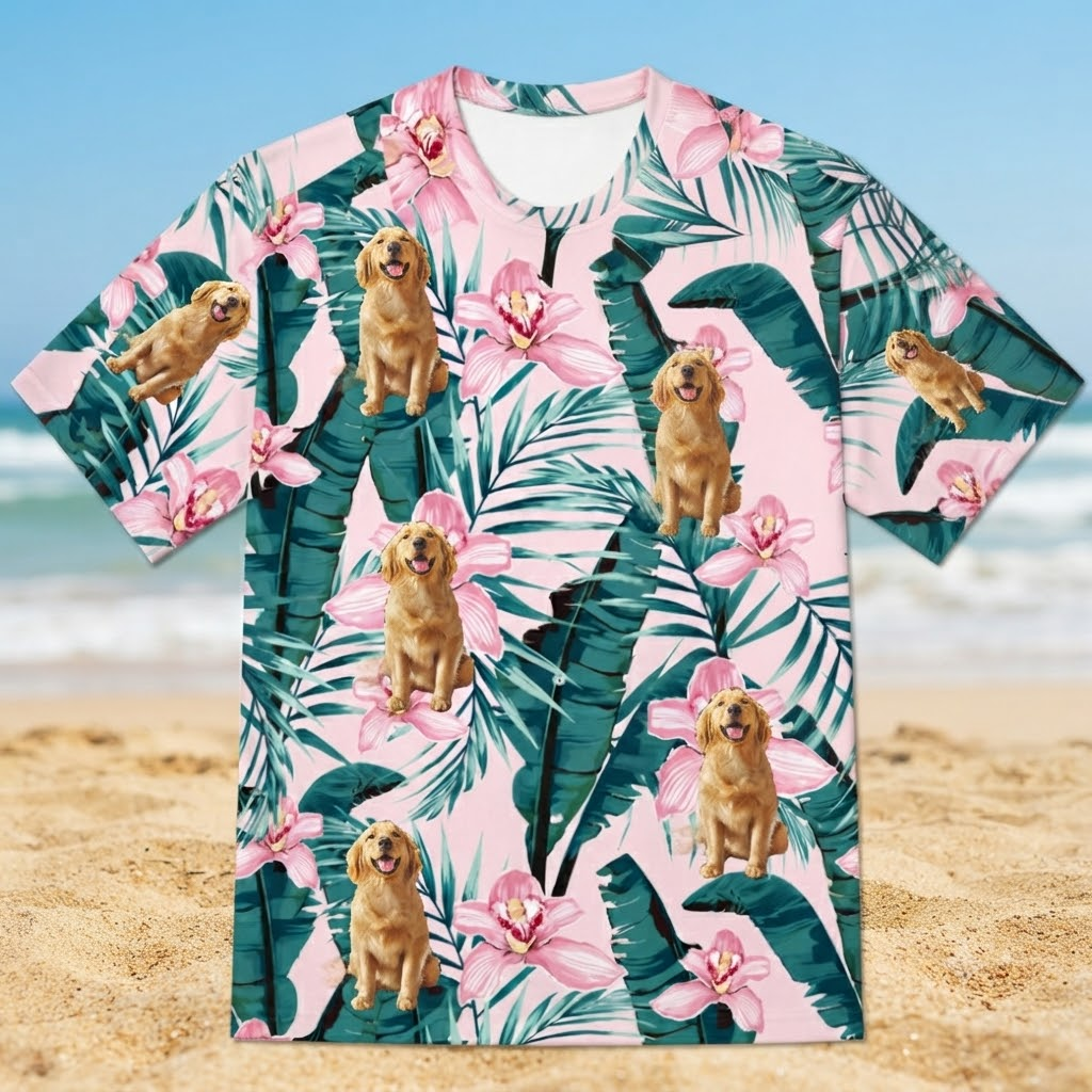 Custom Pet Face T Shirt Personalized Dog Photo Tropical Vacation Shirt