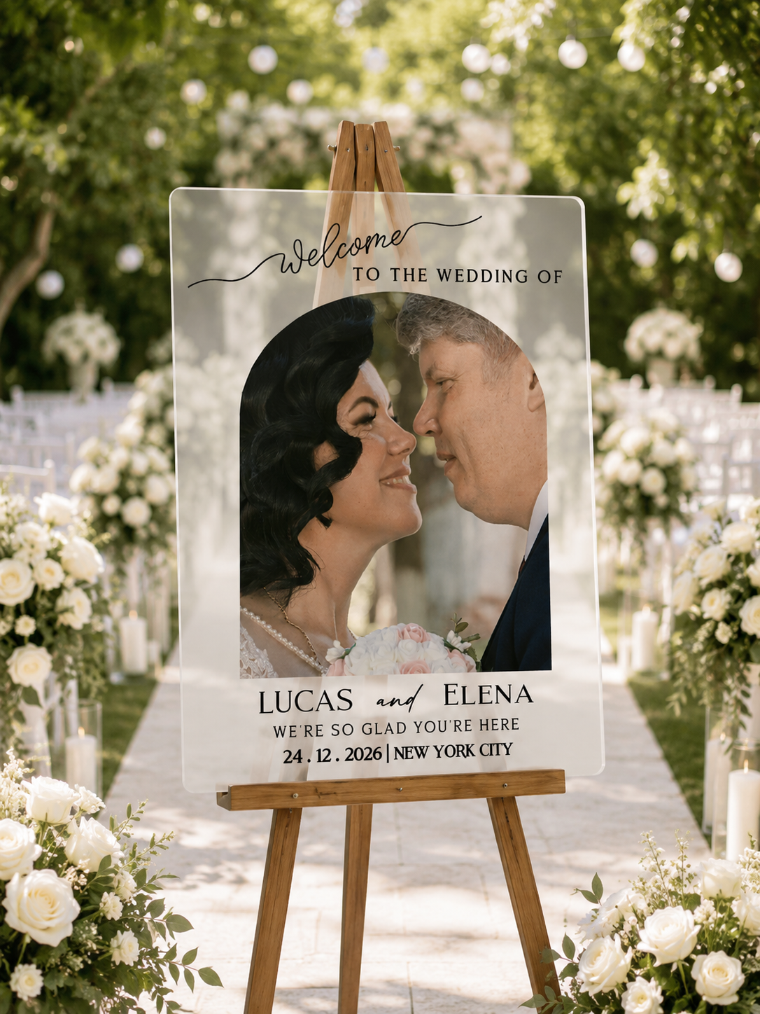 Minimalist Arch Wedding Welcome Sign with Photo, Boho Custom Picture Wedding Entrance Board