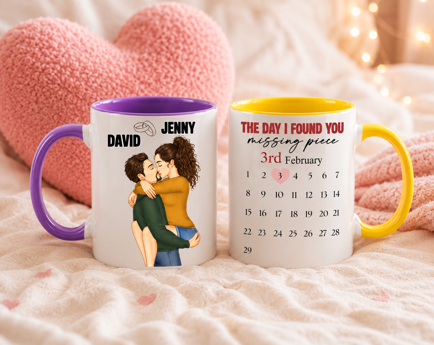 "The Day I Found My Missing Piece" Personalized Couple Mug - Custom Names & Date Kissing Design, 11oz/15oz Ceramic Coffee Cup, Romantic Anniversary, Valentine's & Wedding Gift for Him Her