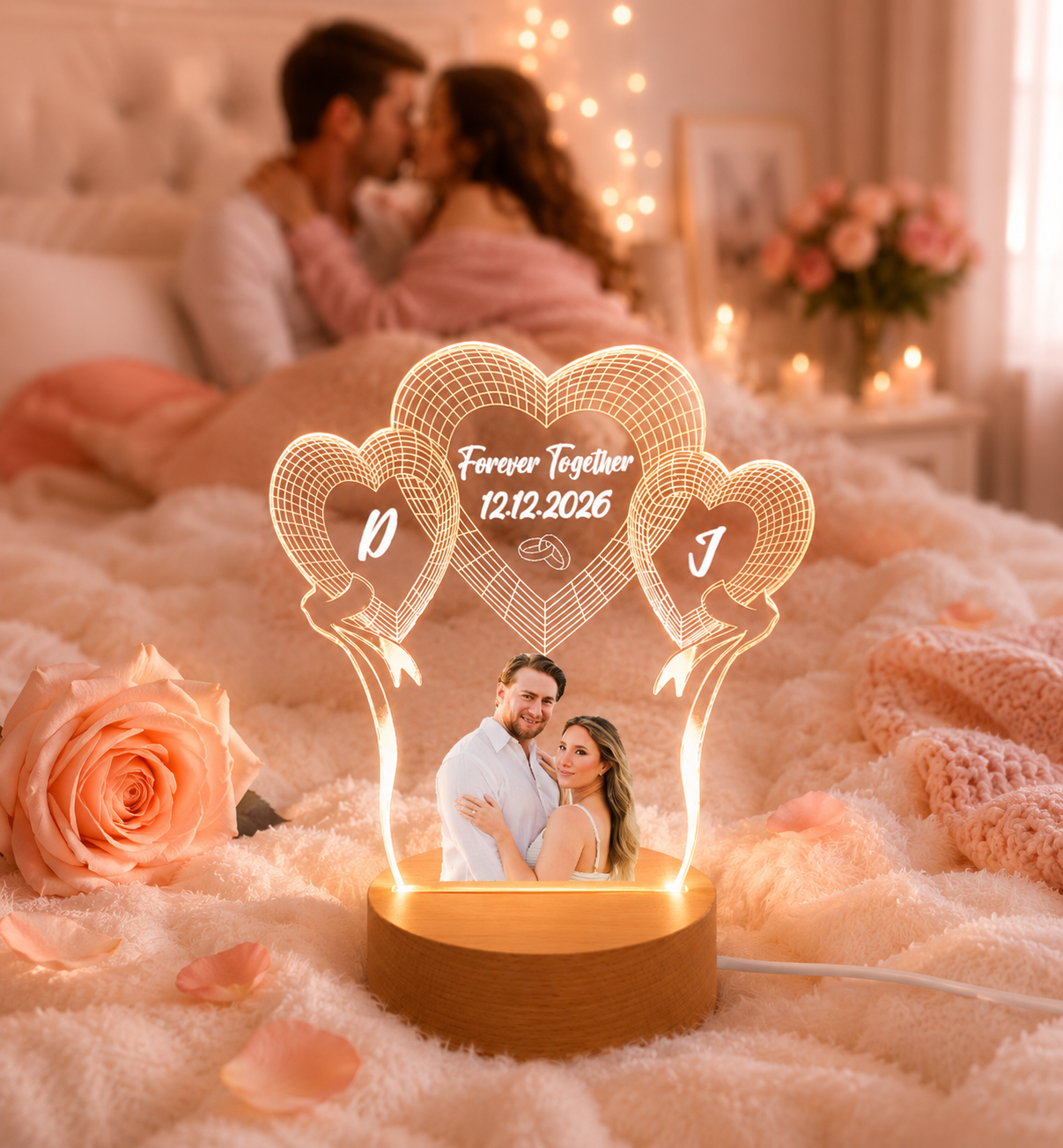 Personalized Wedding Couple 3D Photo Lamp - Custom Heart Balloon LED Night Light, Unique Anniversary & Wedding Gift for Bride and Groom, Romantic USB Desk Decor