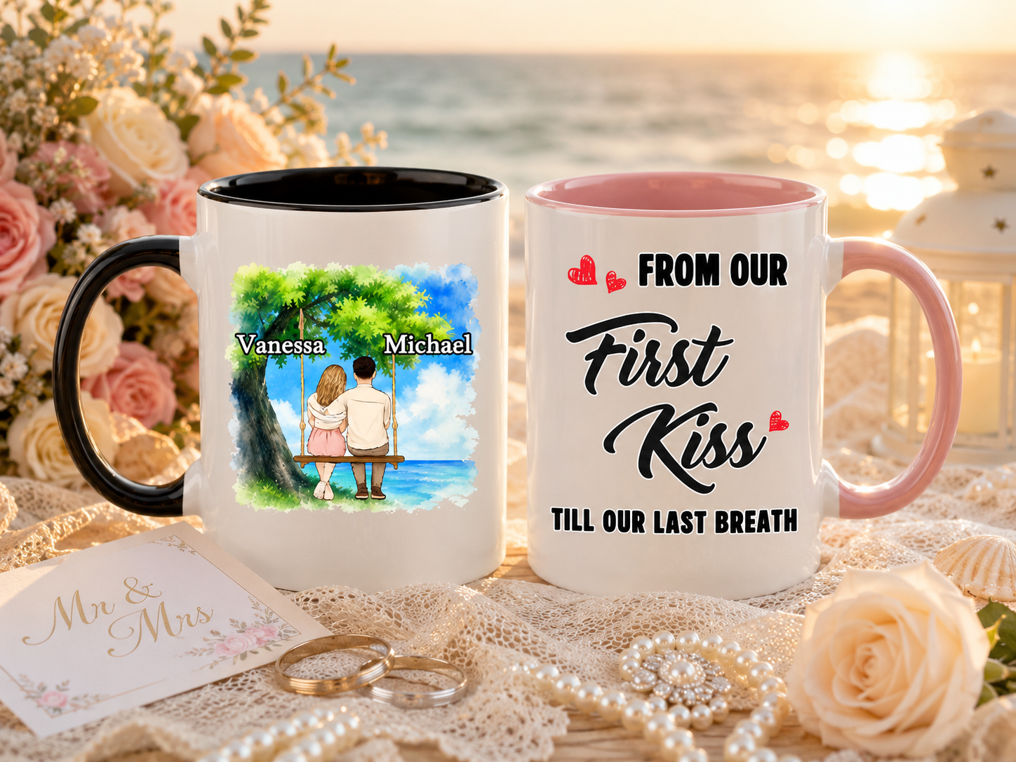 Personalized Wedding Couple Mug - Custom Names Tree Swing Design, "From Our First Kiss Till Our Last Breath" Ceramic Coffee Cup, Unique Anniversary & Wedding Gift for Bride and Groom