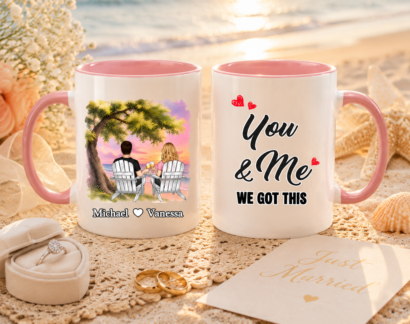 Personalized Wedding Couple Mug - Custom Names Sunset Beach Design, "You & Me We Got This" Ceramic Coffee Cup, Unique Anniversary & Wedding Gift for Bride and Groom