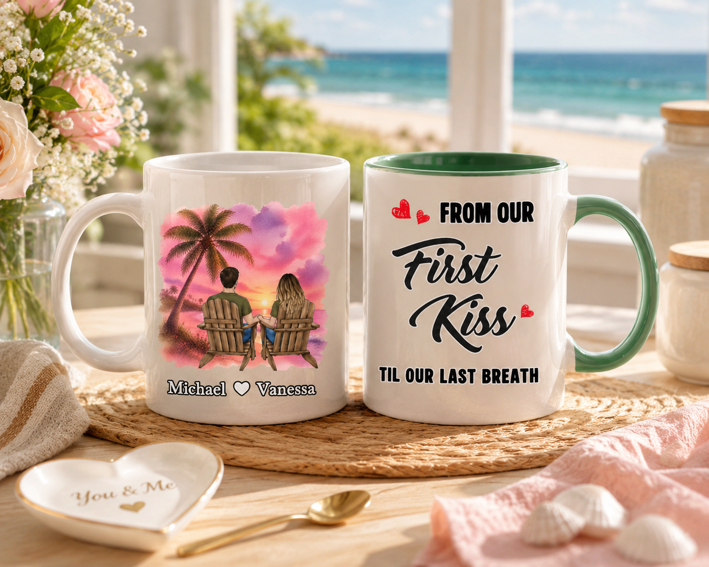 Personalized Wedding Couple Mug - Custom Names Tropical Sunset Design, "From Our First Kiss Till Our Last Breath" Ceramic Coffee Cup, Unique Anniversary & Wedding Gift for Bride and Groom