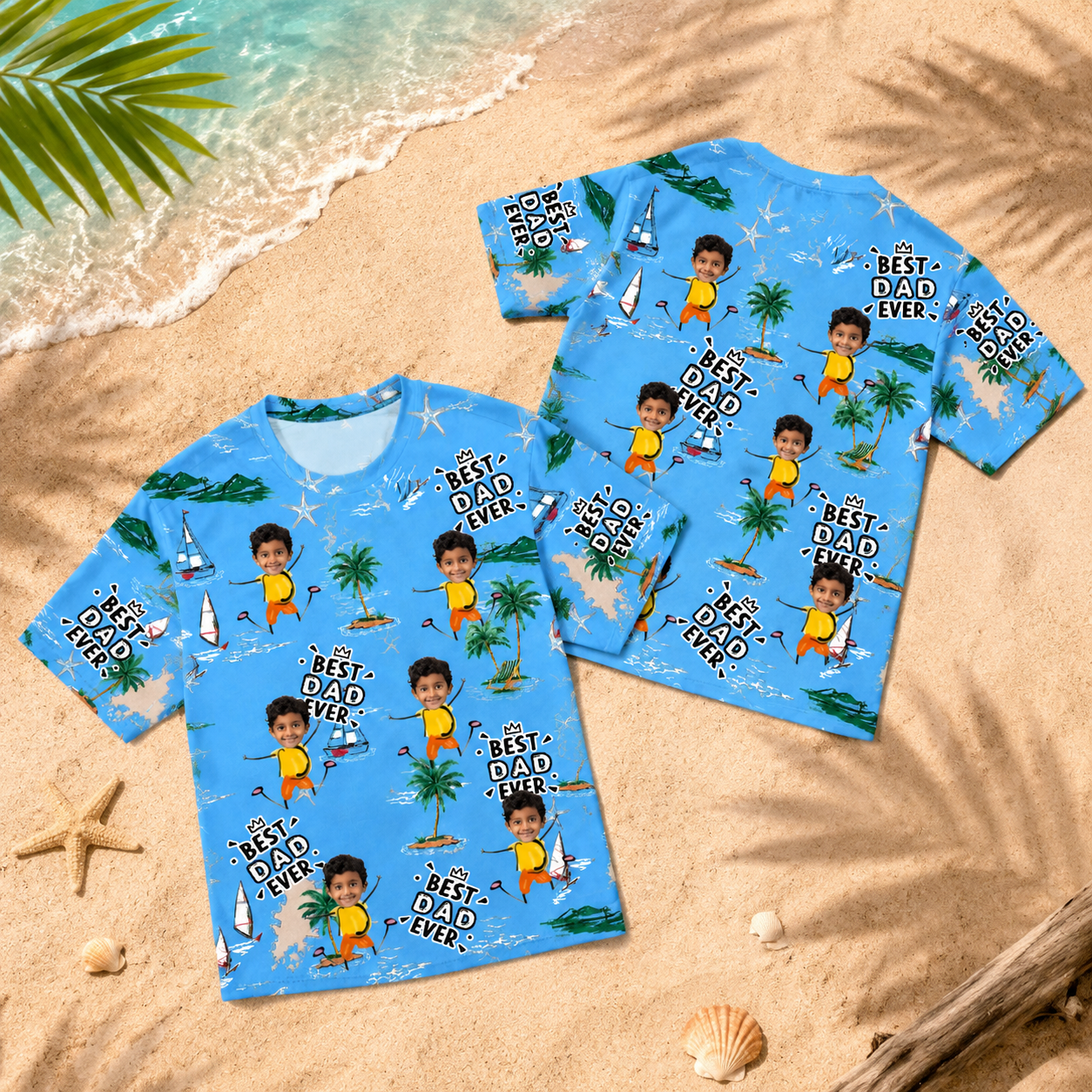 Custom Face Kids T Shirt Personalized Tropical Vacation Shirt Best Dad Ever