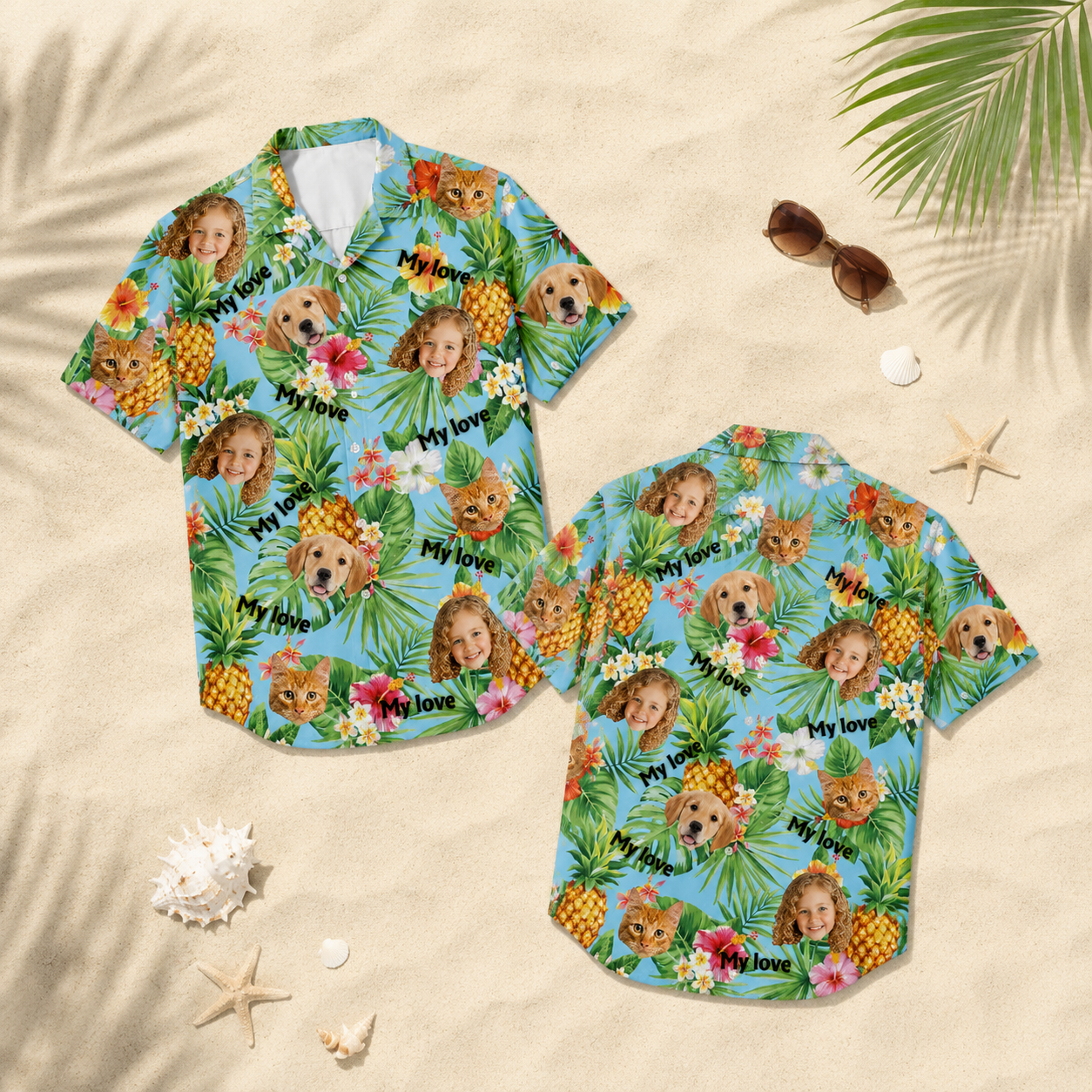 Custom Face Family Hawaiian Shirt Personalized Dad Mom Kids and Pet Photo Vacation Shirt