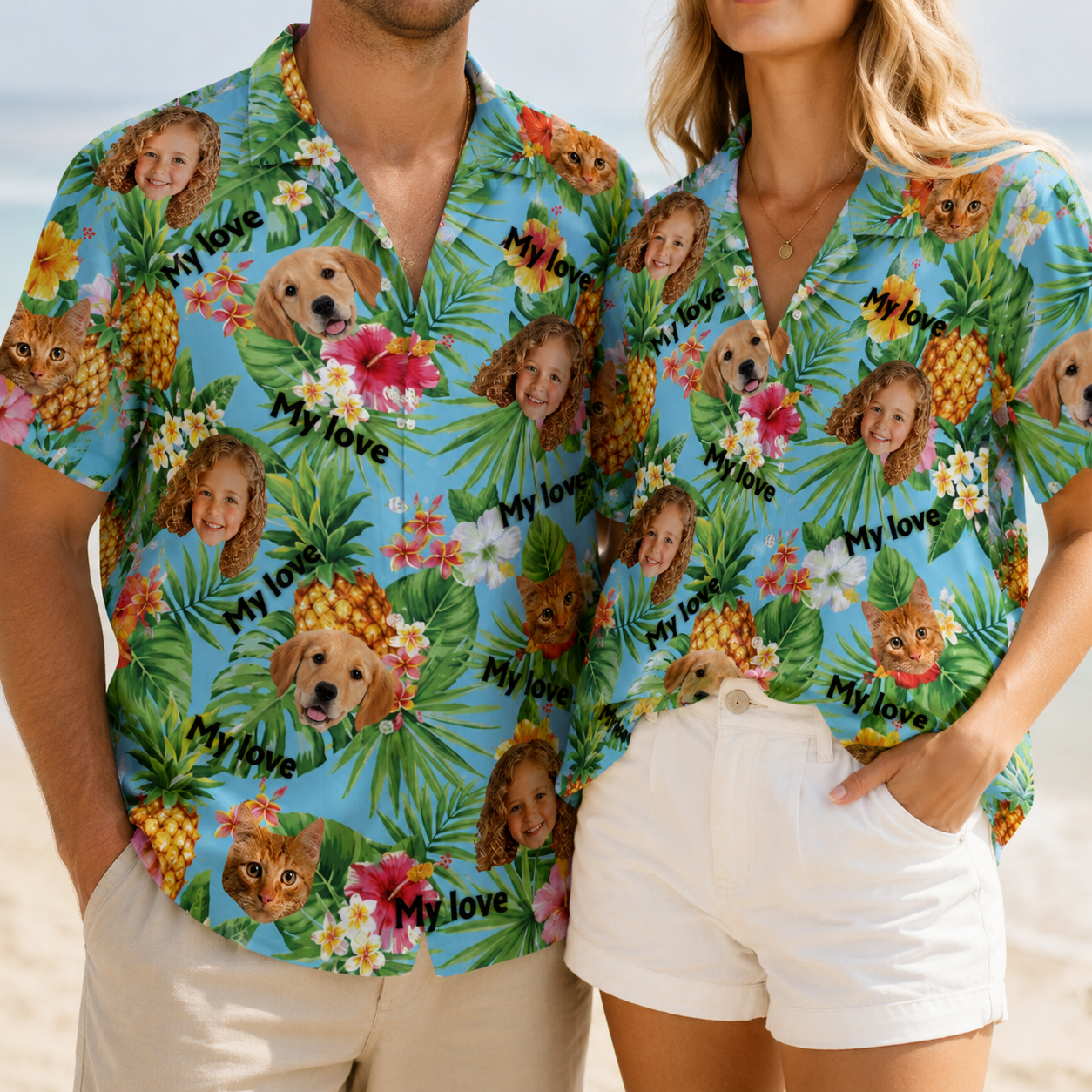 Custom Face Family Hawaiian Shirt Personalized Dad Mom Kids and Pet Photo Vacation Shirt